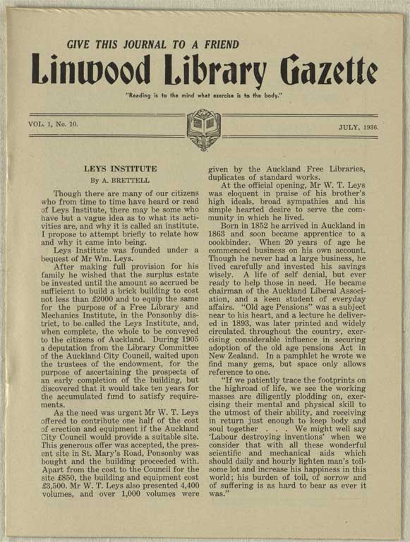 Image of Linwood Library Gazette July, 1936