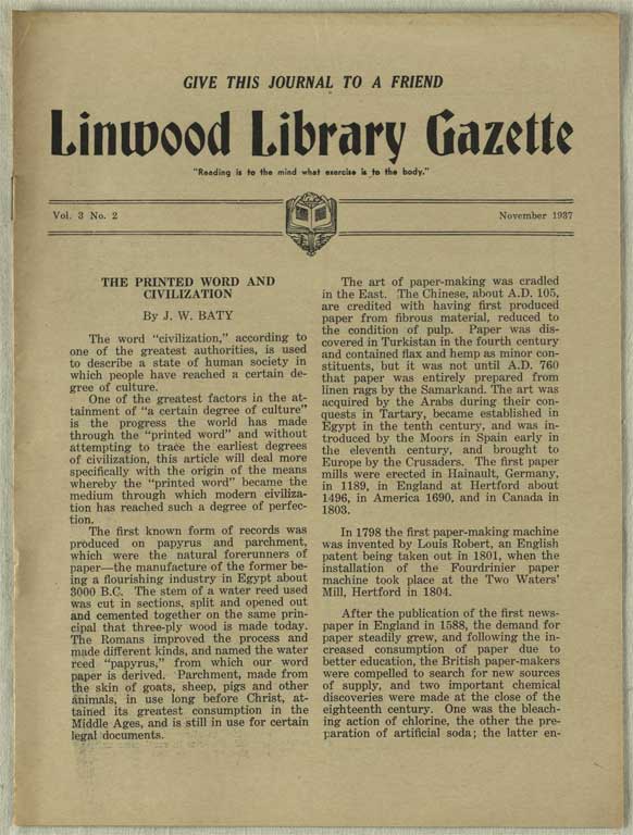 Image of Linwood Library Gazette November 1937