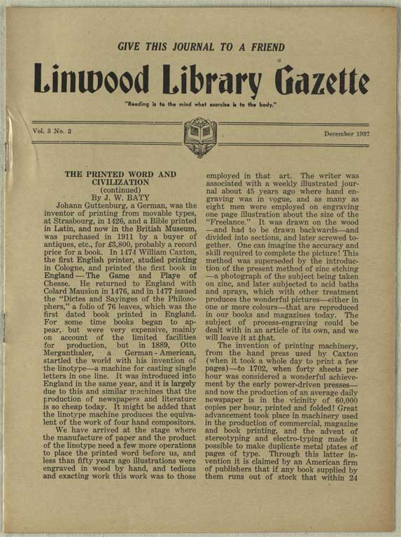 Image of Linwood Library Gazette December 1937