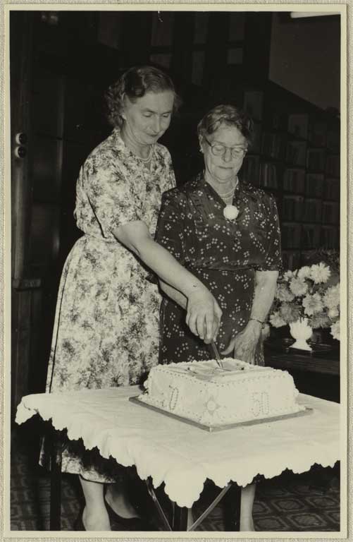 Image of 50th Anniversary and annual meeting. Cutting the cake. [1959]