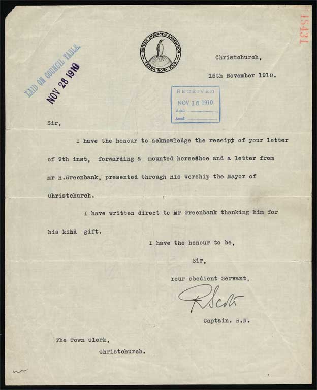 A typescript letter signed by Robert Scott, thanking the City for the gift, from Mr. H. Greenbank, of a mounted horseshoe.