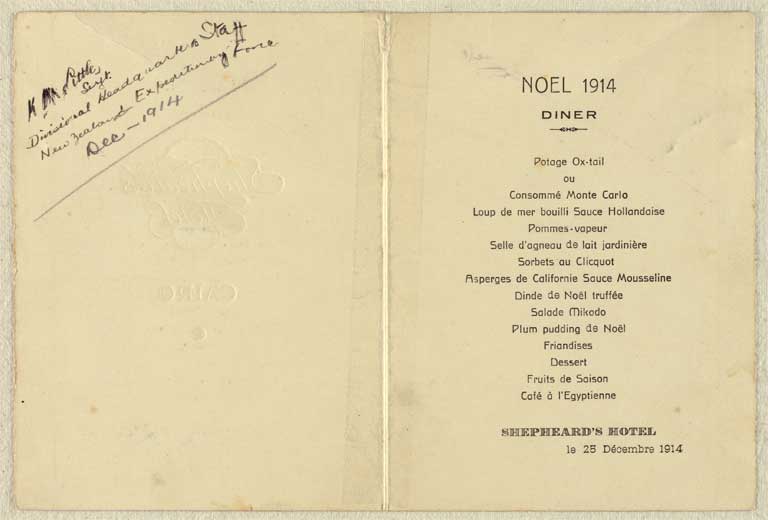 Image of Menu card: Christmas dinner at Shepheard's Hotel, Cairo, 1914 1914