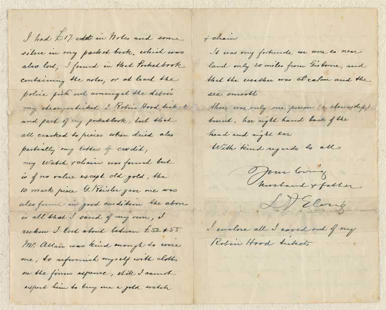 Image of Letters recording his experiences in the fires on the steamer Wairarapa near Gisborne and at the Albion Hotel in Invercargill, 1883 and 1888. 3 Nov. 1883
