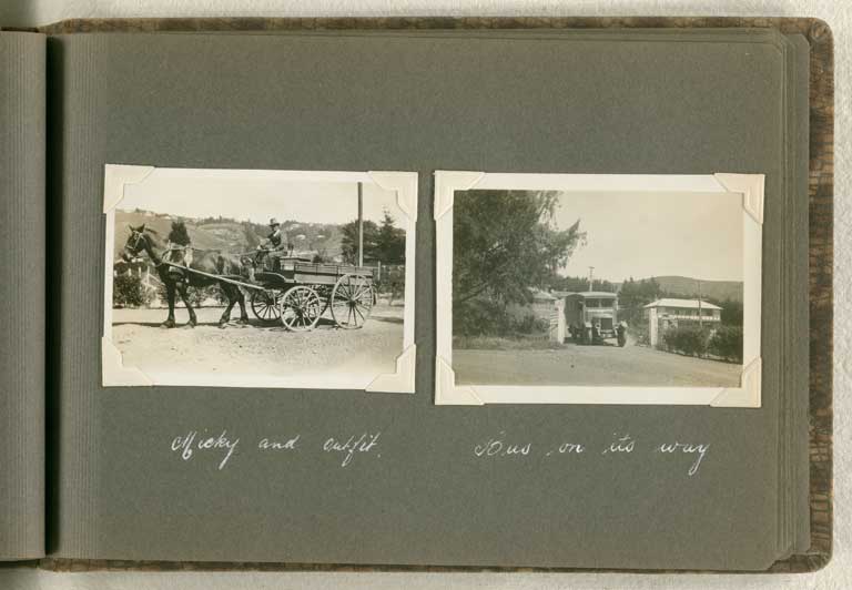 Image of Micky and outfit. Bus on its way. [1913-1933]