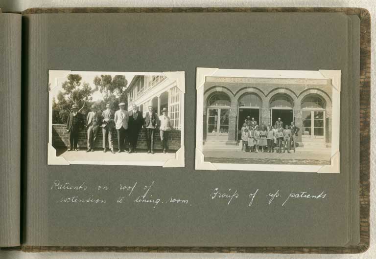Image of Patients on roof of extension to dining room. Group of up patients. [1913-1933]