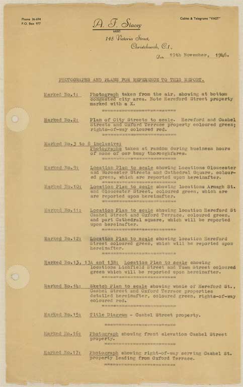 Image of Index. Photographs and plans for reference to this report. 1946