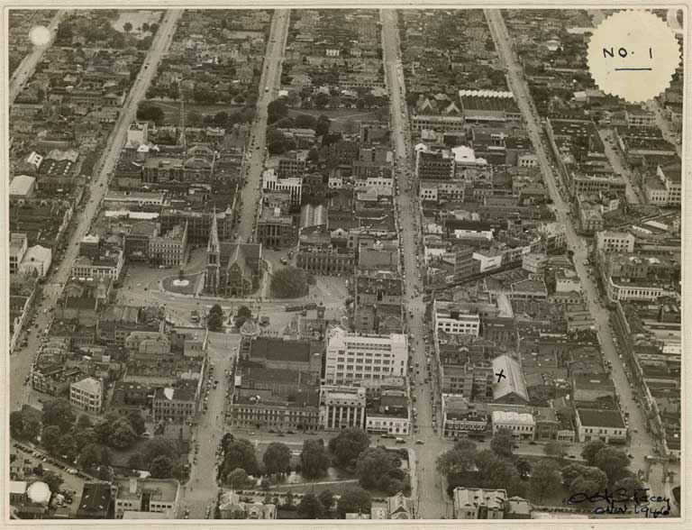 Image of No. 1. Photograph taken from the air, showing at bottom congested city area. 1946