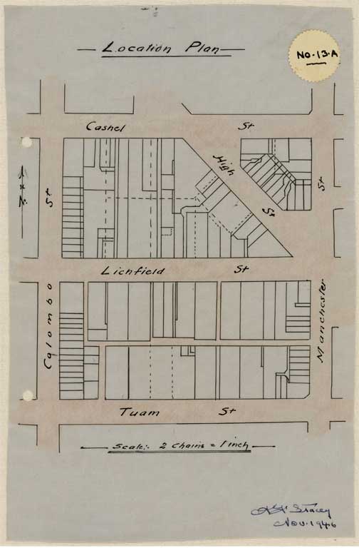 Image of No. 13A. Location plan to scale showing locations Lichfield Street and Tuam Street coloured green. 1946