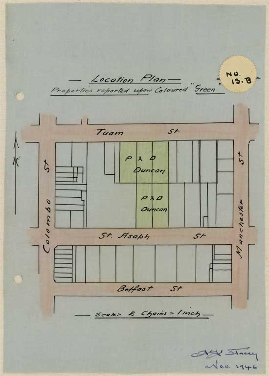 Image of No. 13B. Location plan to scale showing locations Lichfield Street and Tuam Street coloured green. 1946
