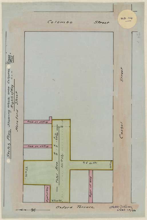 Image of No. 14. Sketch plan to scale showing whole of Hereford St, Cashel Street and Oxford Terrace properties detailed hereinafter, coloured green, rights-of-way coloured red. 1946