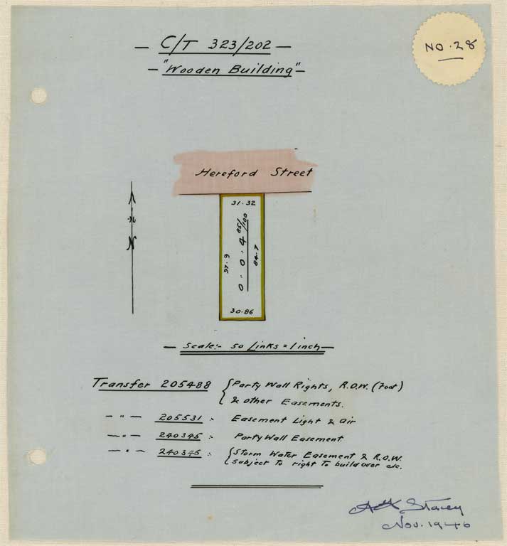 Image of No. 28. Title diagram Hereford Street property known as Gee's. 1946