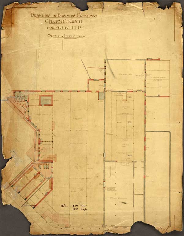 Drawing of Business Premises ChCh for A.J. White Ltd. Existing and Proposed 10 December 1909 