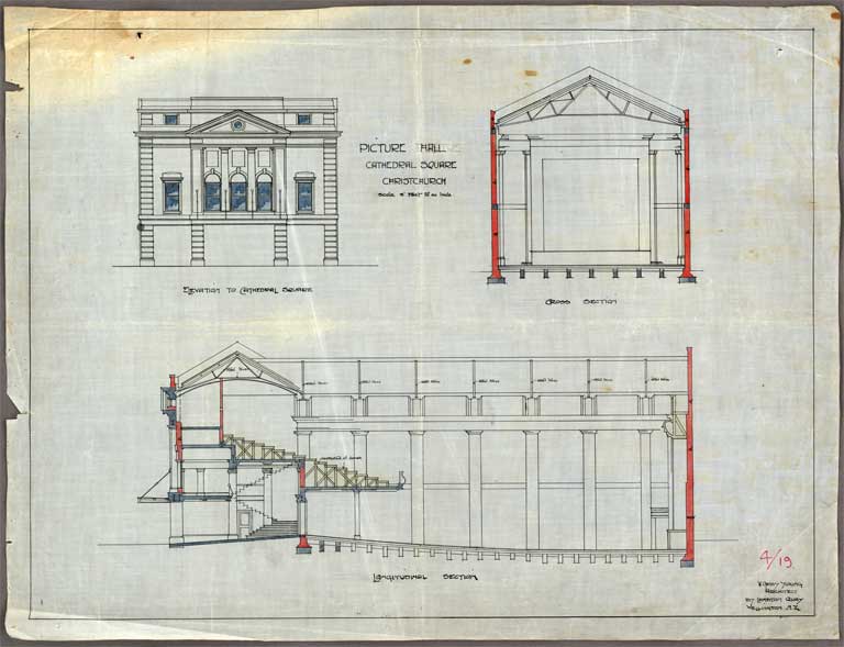 Alterations to Everybody's Theatre Christchurch. Elevation to Cathedral Square, Cross Section looking both North & South 1 November 1933 Image 5 of 5