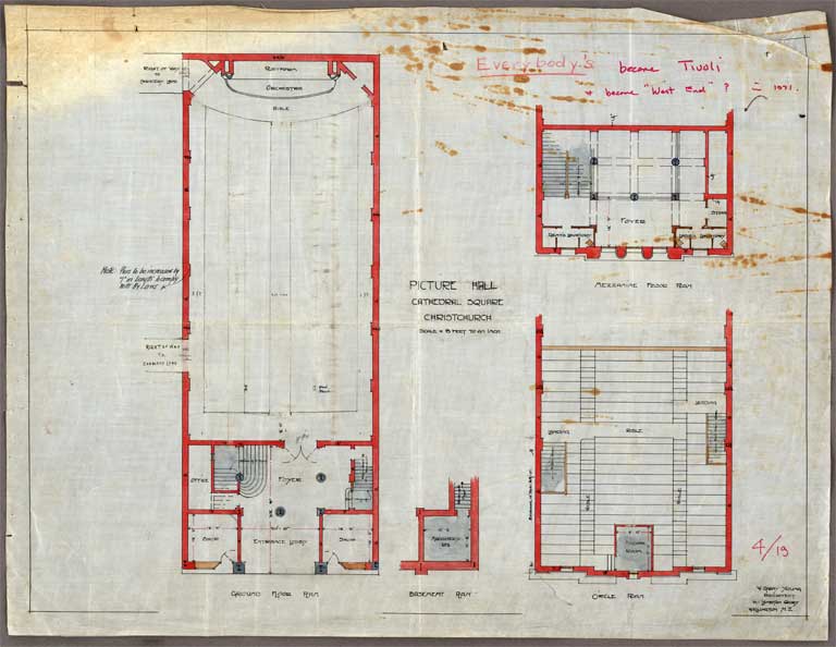 Alterations to Everybody's Theatre Christchurch. Ground, Mezzanine & Circle Plan 1 November 1933 Image 1 of 5