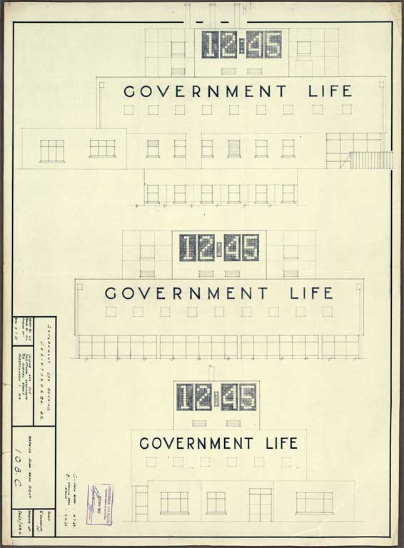 Government Life Building showing clock 12:45 4 July 1963 CCCPlans Government-Life-11-2