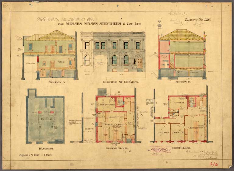 Offices Lichfield Street for Messrs Mason Struthers & Co Ltd. Elevations, Basement, Ground & First Floor Plan 30 June 1911 