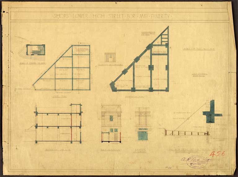 Shops Lower High Street for Mrs Fenerty. Plans for Stairs, Steel, Foundations, Back Elevation & Elevation of Corner 17 April 1926 Image 2 of 2