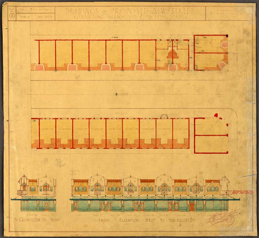 Drawings & Proposed New Street connecting Armagh & Gloucester Street showing roadway, half plan of ground floor & part elevation 20 February 1930 Image 8 of 10