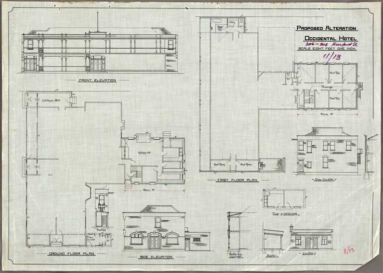 Proposed Alterations Occidental Hotel. Front Elevation along with Ground & First Floor Plan Image 1 of 3