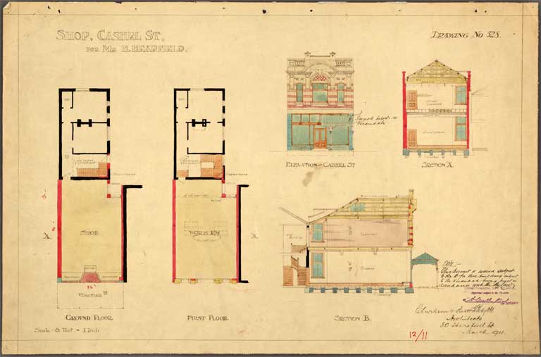 Shop Cashel Street for Mr H Hearfield. Ground, First, Elevation along with Section A & B 1 March 1911 