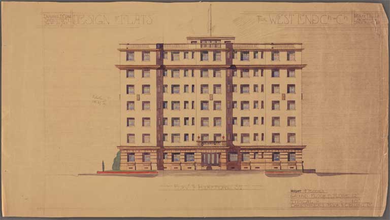 St Elmo Courts Design of Flats for West End Christchurch. Elevation to Hereford Street 3 May 1929 Image 2 of 28