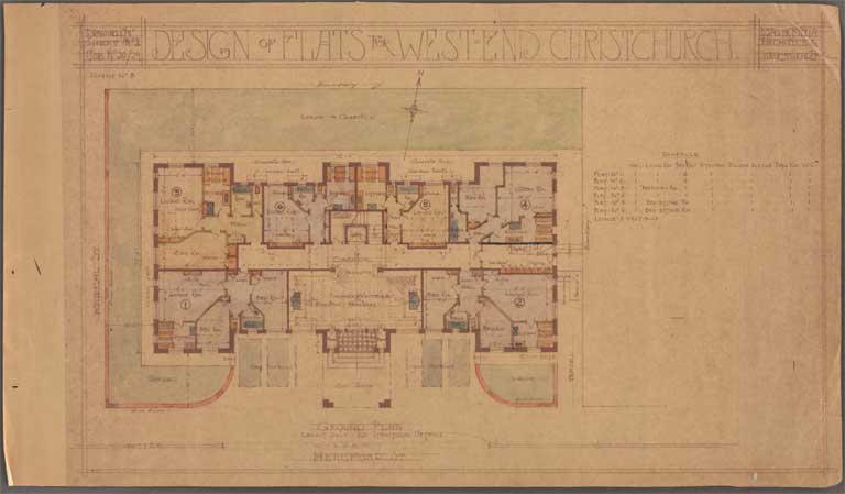 St Elmo Courts Design of Flats for West End Christchurch. Ground Floor Plan Hereford Street 3 May 1929 Image 3 of 28