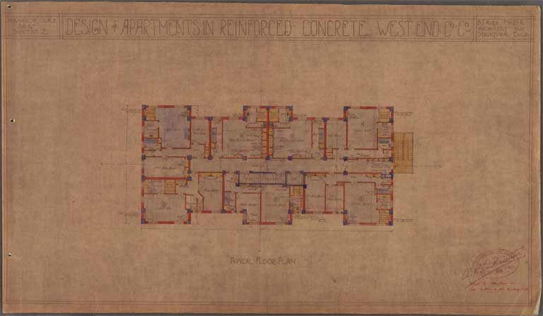 St Elmo Courts Design & Apartments in Reinforced Concrete West End Christchurch. Typical Floor Plan 18 October 1929 Image 6 of 28