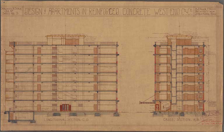St Elmo Courts Design & Apartments in Reinforced Concrete West End Christchurch. Longitudinal Section CD & Cross Section 18 October 1929 Image 9 of 28