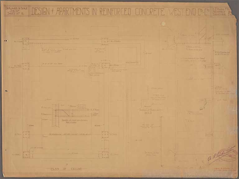 St Elmo Courts Design & Apartments in Reinforced Concrete West End Christchurch. Plan of Cellar 18 October 1929 Image 12 of 28