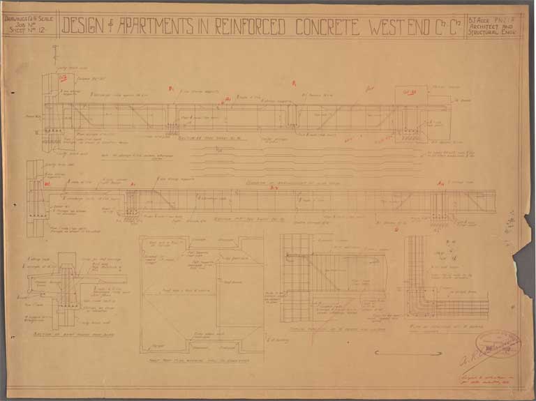 St Elmo Courts Design & Apartments in Reinforced Concrete West End Christchurch. Plan of Junctions, Beams & Columns, Half Roof Plan showing fall to Down-Pipes 18 October 1929 Image 13 of 28