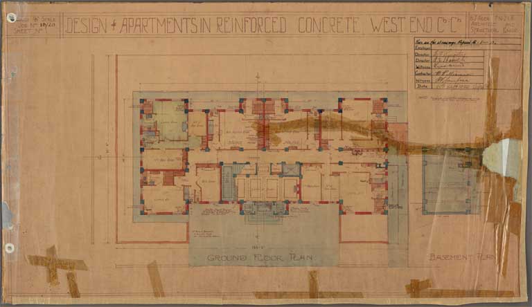St Elmo Courts Design & Apartments in Reinforced Concrete West End Christchurch. Plan of Ground Floor Plan 25 September 1929 Image 28 of 28