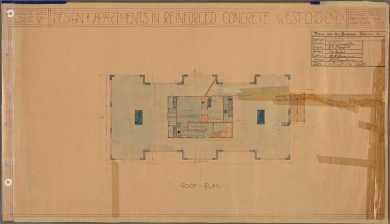 St Elmo Courts Design & Apartments in Reinforced Concrete West End Christchurch. Typical Cross-Section through footing 3&4 and Typical Cross-Section through Wall at 3&4 2 October 1929 Image 20 of 28