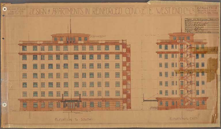 St Elmo Courts Design & Apartments in Reinforced Concrete West End Christchurch. Roof Plan 25 September 1929 Image 21 of 28