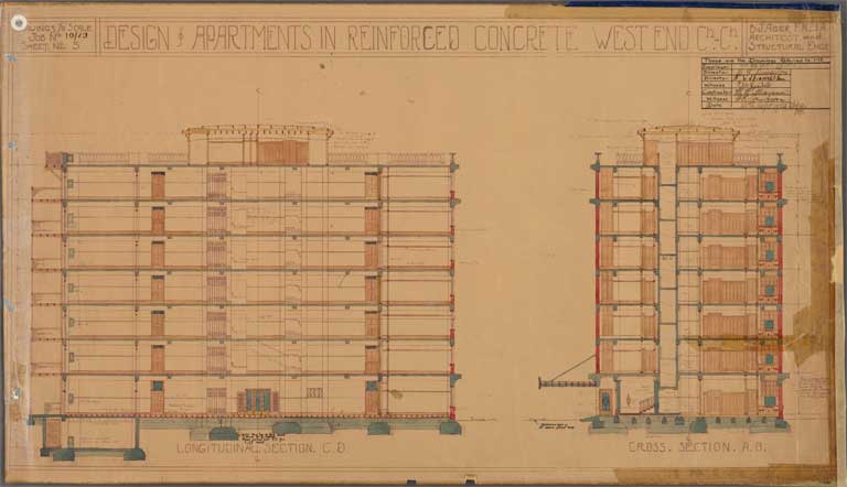 St Elmo Courts Design & Apartments in Reinforced Concrete West End Christchurch. Elevation to both North and West 25 September 1929 Image 23 of 28