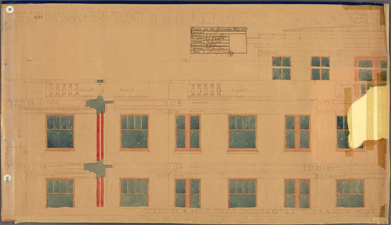 St Elmo Courts Design & Apartments in Reinforced Concrete West End Christchurch. Scale detail of Half Front Ground and First Floor 25 September 1929 Image 26 of 28