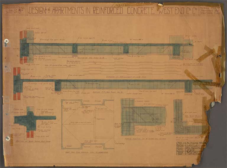 St Elmo Courts Design & Apartments in Reinforced Concrete West End Christchurch. Plan of Cellar and Section on AB 25 September 1929 Image 18 of 28