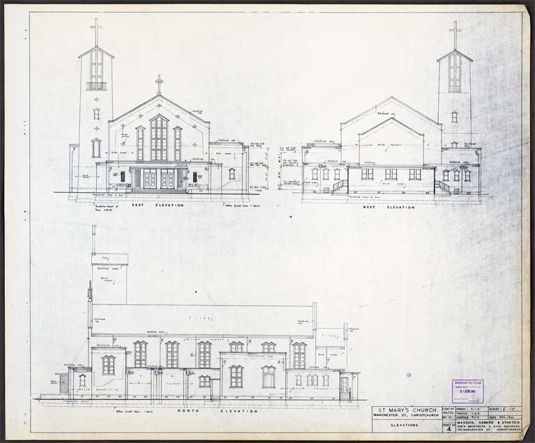 Saint Mary's Church, Manchester Street, ChCh. East, West & North Elevation 21 June 1957 Image 1 of 2