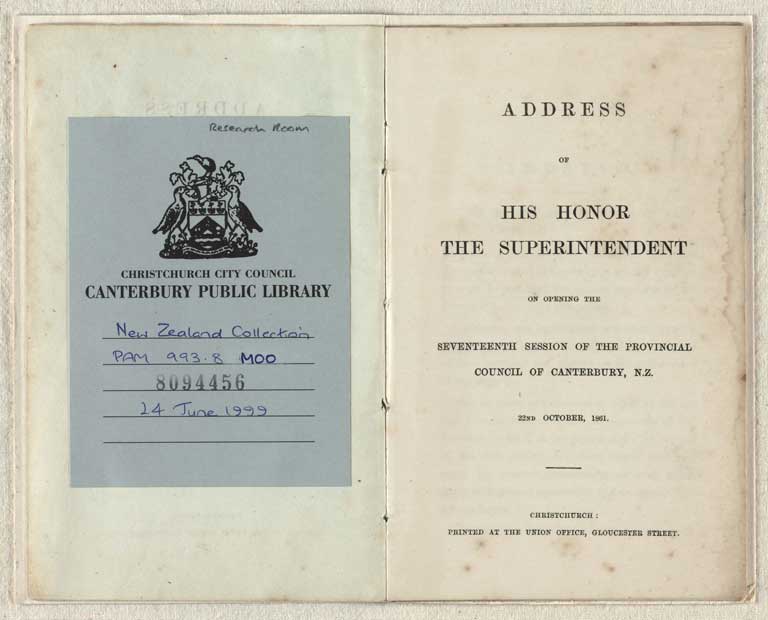 Image of Address of his Honor, the Superintendent on opening the Seventeenth Session of the Provincial Council of Canterbury, N.Z., 22nd October, 1861. 1861