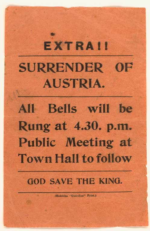 Extra !! Surrender of Austria. All bells will be rung at 4.30 p.m. Public meeting at Town Hall to follow. God save the King. 