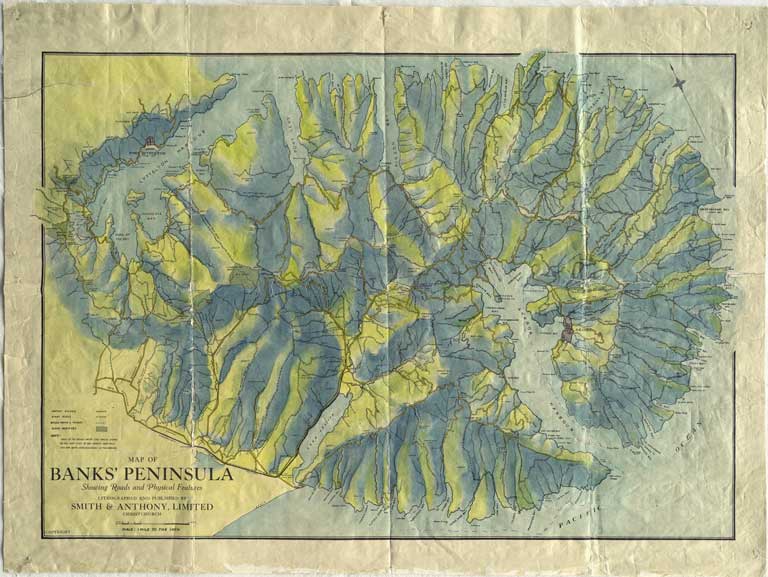 Map of Banks’ Peninsula showing roads and physical features. [1924?] 