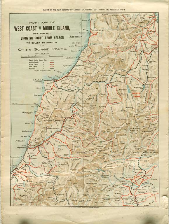 Portion of West Coast of Middle Island, New Zealand, showing route from Nelson via Buller to Hokitika, and Otira Gorge route. [190-?] 