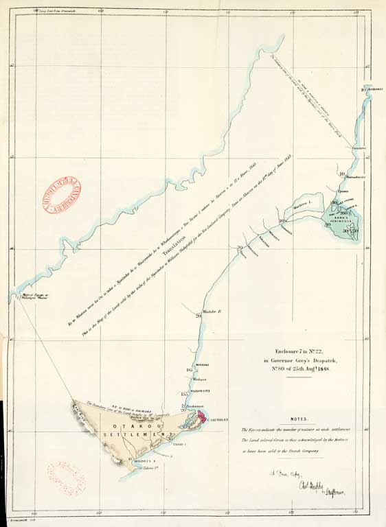 Ko te whenua tenei ka oti te tuku e Ngaitahu ki a Wairaweke ki te Whakaminega o Niu Tireni i tukua ki Akaroa e te 12 o Hune, 1848 = This is the map of the land sold by the tribe of the Ngaitahu to William Wakefield for the New Zealand Company, done at Akaroa on the 12th. day of June 1848. 1849 
