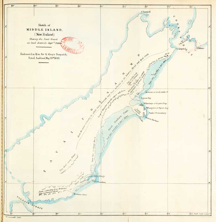 Sketch of Middle Island (New Zealand) shewing the East Coast as laid down by Captn. Stokes 1850