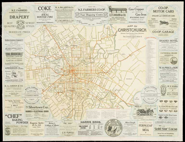 Map of Christchurch shewing tram routes & public buildings. 1912 