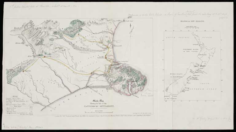 Sketch map shewing the site of the Canterbury settlement / reduced and drawn by A. Wills from the original map by J. Thomas chief surveyor to the Canterbury Association. 1849 