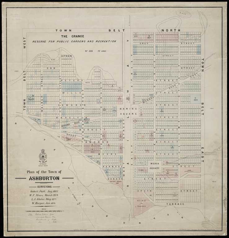 Plan of the town of Ashburton / Surveyors: Robert Park Aug. 1863 ; W.F. Moore March 1874, L.A. Slater May 1977, W. Harper, Jan. 1879. 1879 