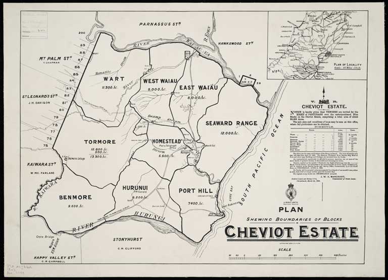 Plan shewing boundaries of blocks, Cheviot Estate . 1893 