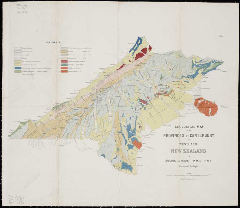 Title: Geological map of the Provinces of Canterbury and Westland, New Zealand by Julius von Haast, P.H.D., F.R.S., principal geologist. Date: [ca. 1866] Physical Description: The Alexander Turnbull Library holds a CT scan. Scale etc: Scale [1:1,000,000]. File Reference: ATLMAPS ATL-Acc-3233 Other Reference: MapColl 834.4caq/[ca.1866]/Acc. 3233