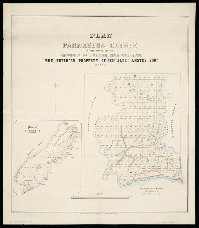 Plan of the Parnassus Estate in the Amuri District, Province of Nelson, New Zealand : the freehold property of Geo. Alex. Anstey Esqr. 1868 
