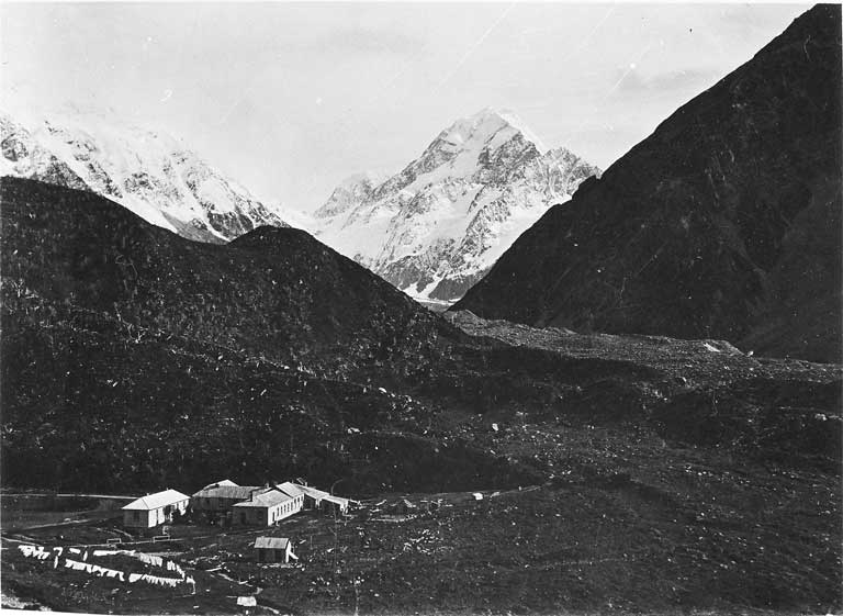 Mt. Cook and the old Hermitage before it was destroyed by flooding in 1913